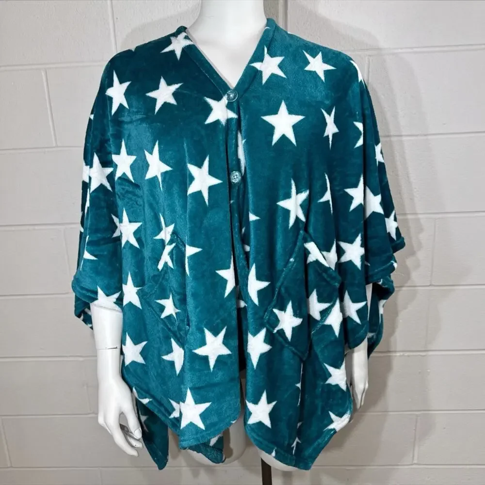 Warm & Cozy Oversized Fleece Wearable Blanket Poncho Teal Stars